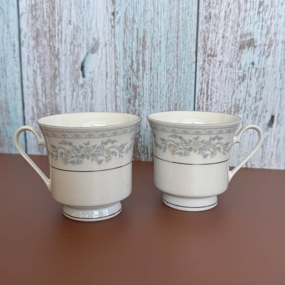 Somerset by NL Excel 2 Coffee Tea Cup Footed Blue Pink Floral Trim Replacement